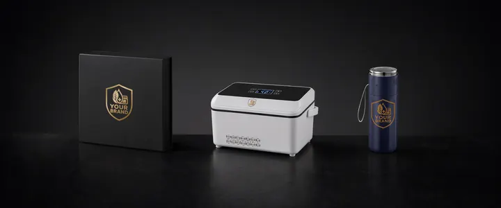 Black gift box with a gold foil YOUR BRAND shield, a white mini medication fridge with a digital display and a navy medication flask, lined up on black stone